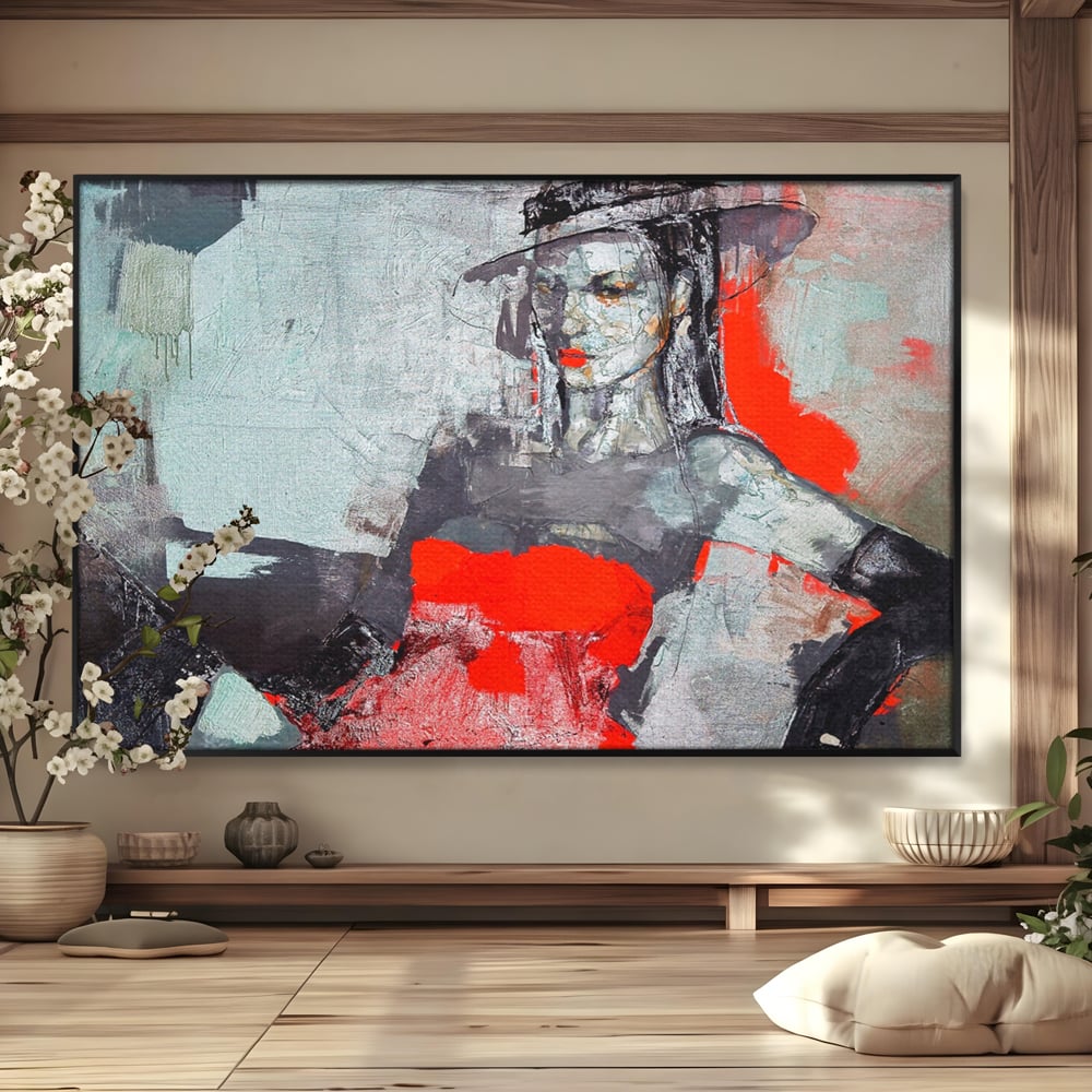 Tablou canvas cu tablou canvas cu portretul unei femei in rosu si negru, in rama de aluminiu negru